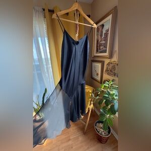 Vintage Satin Black Spaghetti Strap Slip w Mesh Skirt & Bow - Size Small